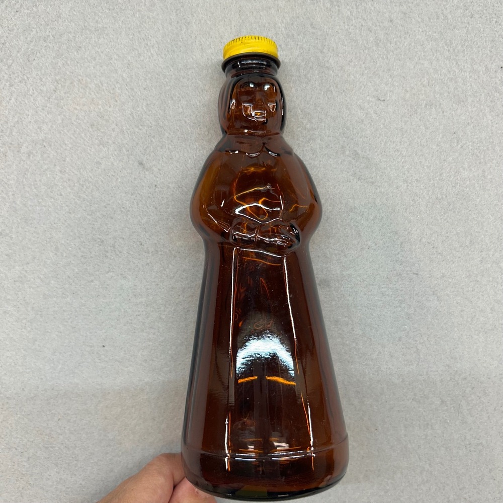 Vintage Mrs Butterworths Amber Glass Syrup Bottle Figural Lady Yellow Cap 8.5in